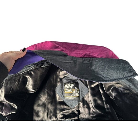 VTG 80s London Towne Limits Womens Sz 12 Black Purple Color Block Trench Coat - Picture 10 of 11